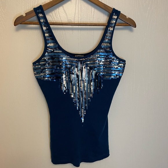 Express XS Blue Tank Top with Sequins - Picture 1 of 5